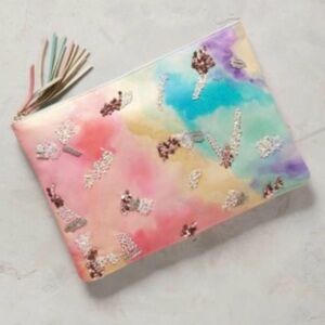 NEW Anthropologie Painted & Sequined Leather Pouch Handbag Pink